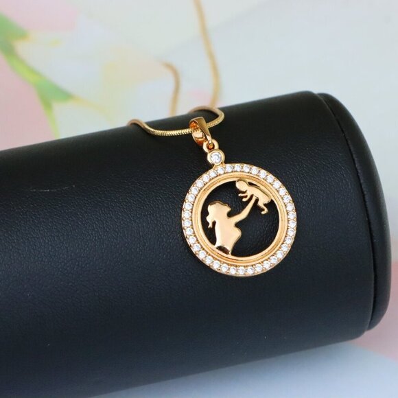 "Rose Gold Circle Pendant with Mother & Child Design and CZ Accents, XPPT1401 - Picture 5 of 13